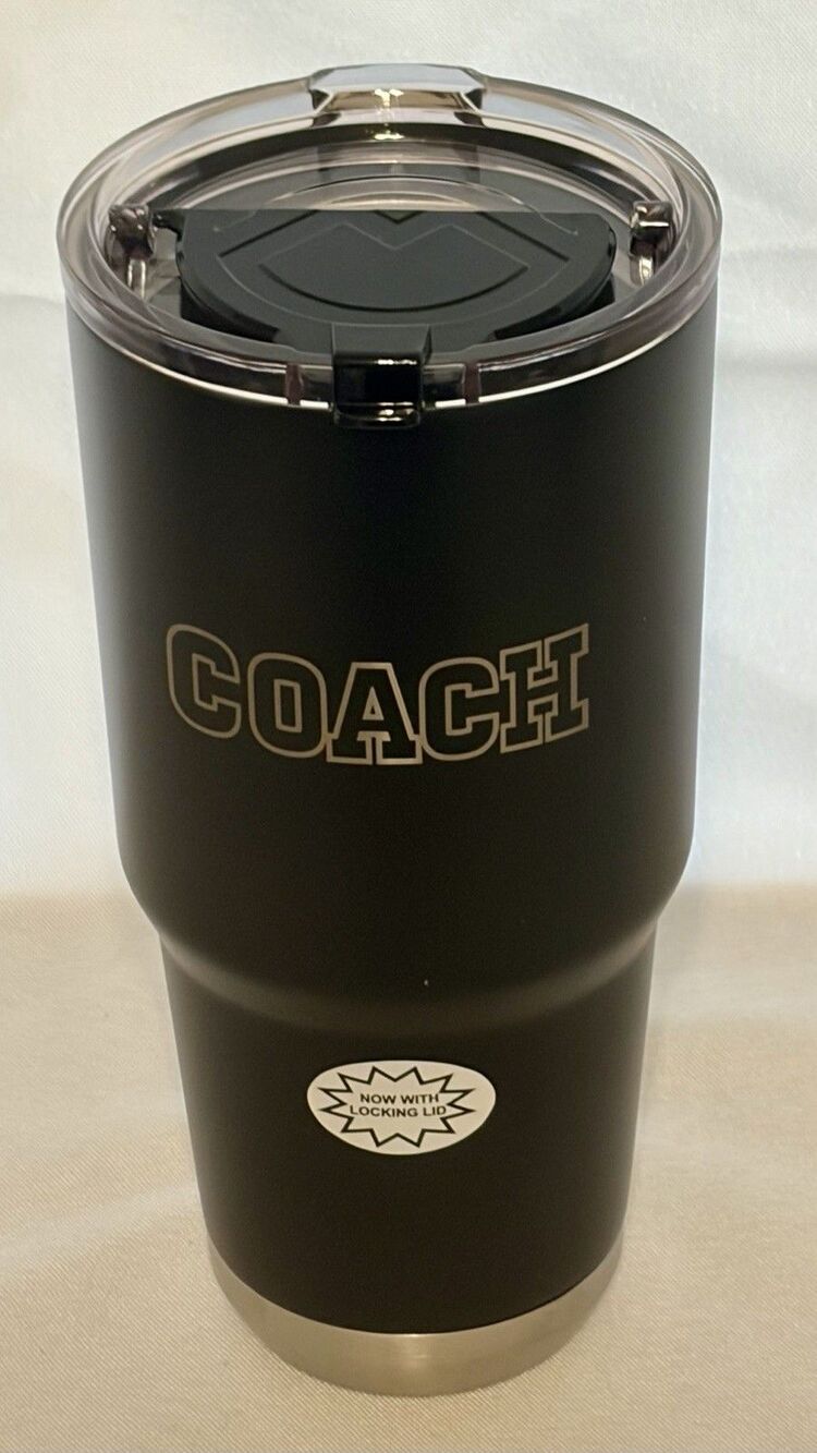 Academy “COACH” 30 oz. Black Steel Tumbler With Locking Lid #162050 - New